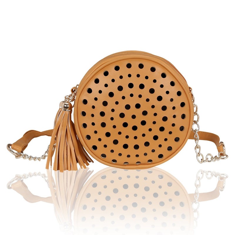 KLEIO Women's Stylish Round Double Compartment Laser Cut Cross Body Sling Bag with Tassel - Image 1